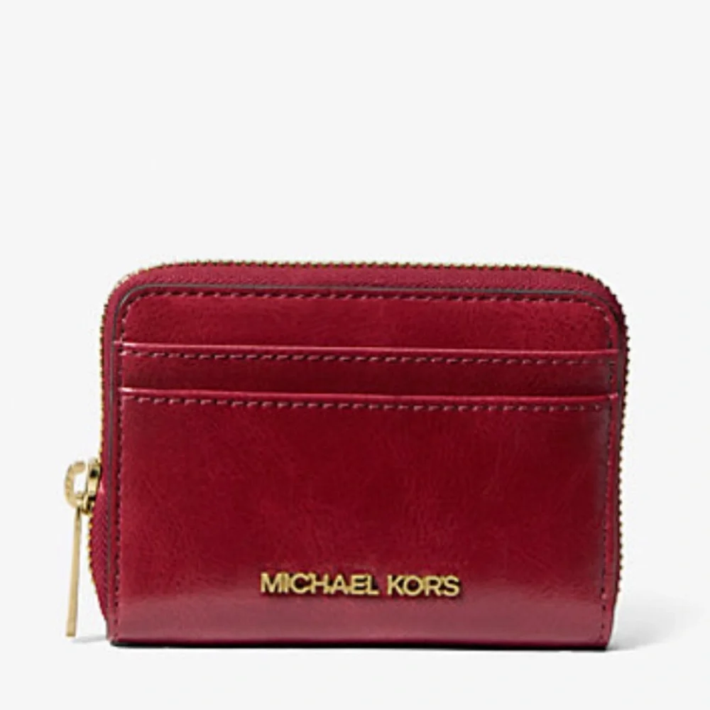 MICHAEL KORS Jet Set Medium Distressed Zip Around Card Case Cherry NWT